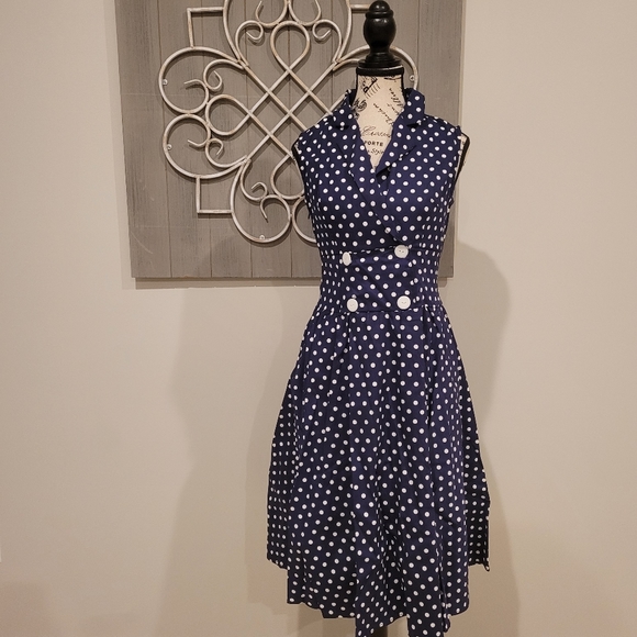 Navy blue with white polka dots pin-up retro dress Size M - Picture 6 of 8